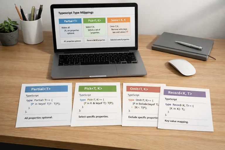 Utility ve mapped types ile yeniden kullanılabilir tip seti Tabloda Partial, Pick, Omit ve Record ile oluşturulmuş tip kombinasyonları