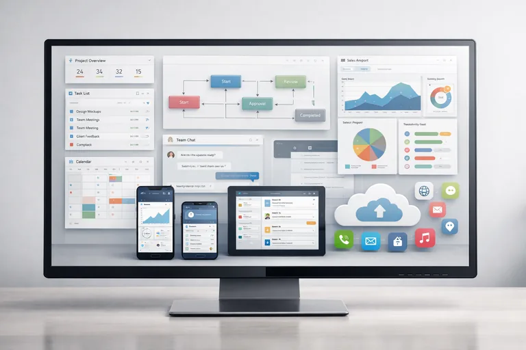 Masaüstü, web ve mobil yazılım türleri farklı cihazlarda tutarlı iş akışları ve kullanıcı arayüzleriyle birlikte gösteriliyor