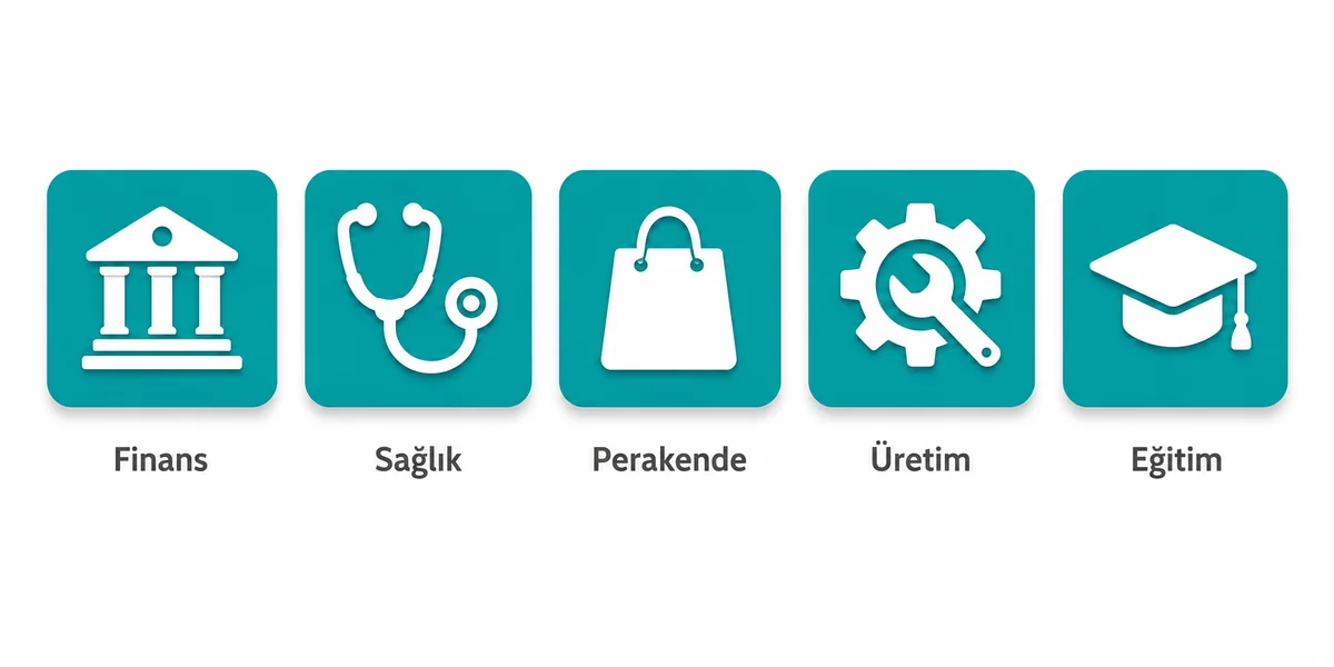 Finans sağlık perakende üretim eğitim beş sektör simgesi yatay sıra uygulama yazılımı kullanımı