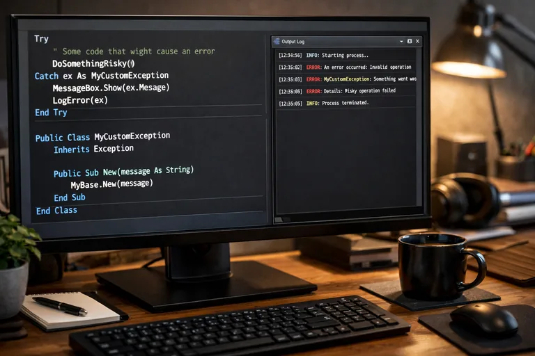 Try Catch blokları ve özel exception sınıfıyla hatayı sınıflandıran VB.NET kod ekranı ve log çıktısı