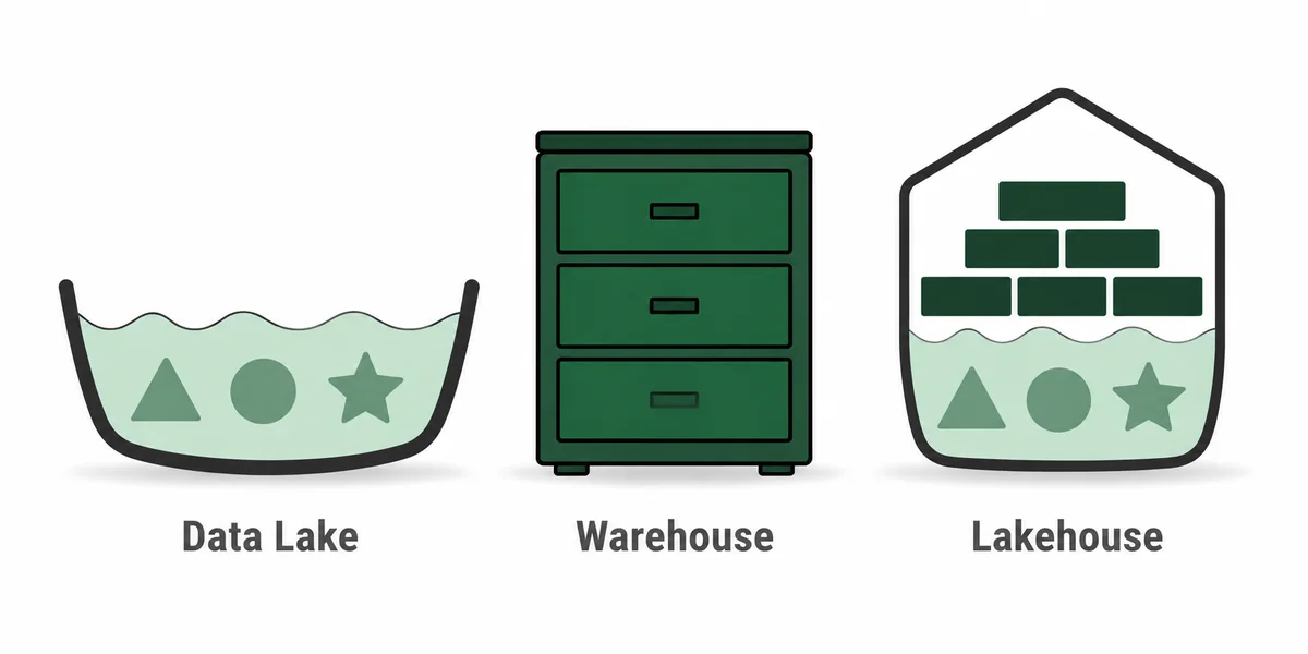 Data Lake Warehouse Lakehouse mimari karşılaştırma Data Lake ham havuz Warehouse düzenli çekmece Lakehouse hibrit yapı üç mimari karşılaştırma