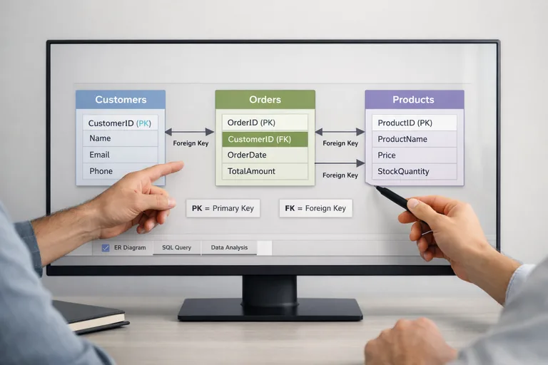 Sipariş, müşteri ve ürün tabloları arasında anahtar ilişkilerini anlatan yapılandırılmış teknik düzen