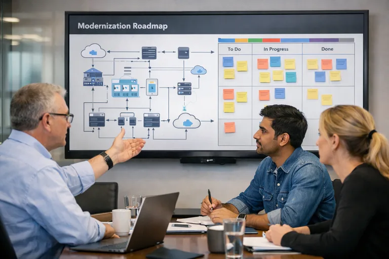 Eski masaüstü uygulama ekranından servis tabanlı mimariye geçişi gösteren, ekip toplantısında karar tablosu incelenen an